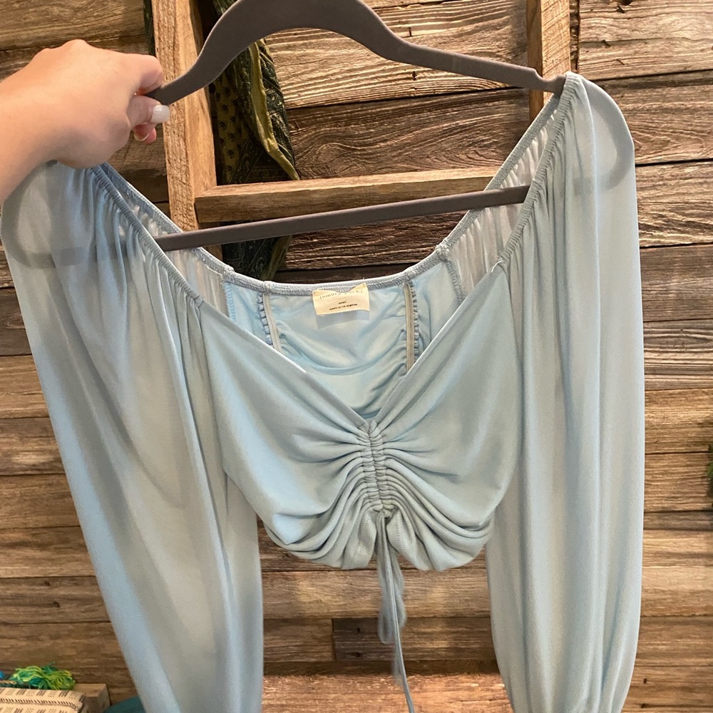 Baby blue crop top with sheer sleeves